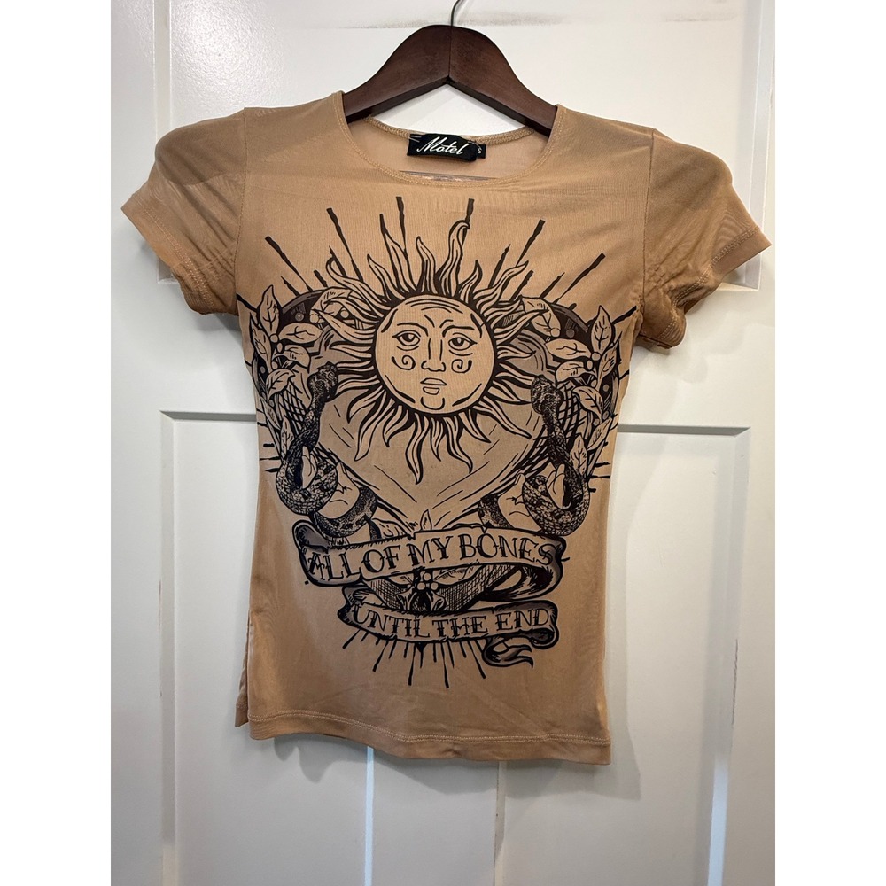 Motel Rocks Sheer Mesh Sun Snake Graphic Baby Tee Tan Celestial Gothic Small